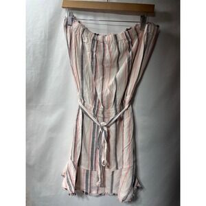 Cloth & Stone Womens Strapless Striped Romper Pink Navy Linen Blend Fringe - Med